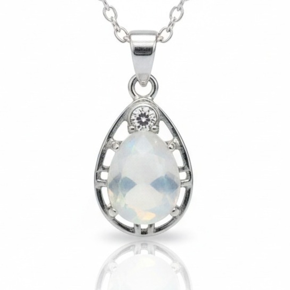 Elegant Teardrop Rainbow Moonstone Crystal‎ Pendant Necklace Silver Gemstone